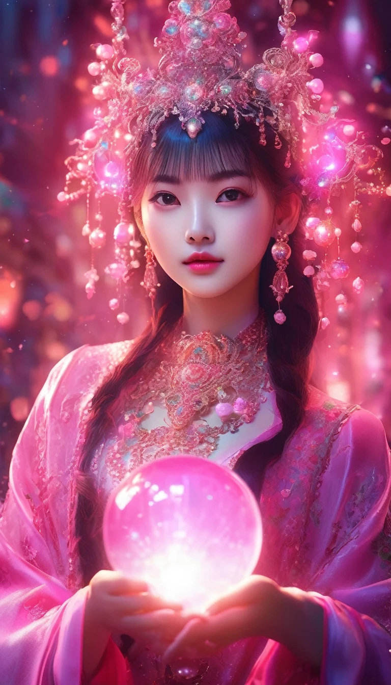 Adorable girl,Pink、A shining enchanting deity adorned with jewels、Holding a glowing sphere in your hand Staring straight into the camera, in the center,Very bright color, Light Particles, The light shines, Musibu, Wallpaper Art, UHD Wallpaper、Background pink、Mysterious、Glowing pink aura、Upper body close-up