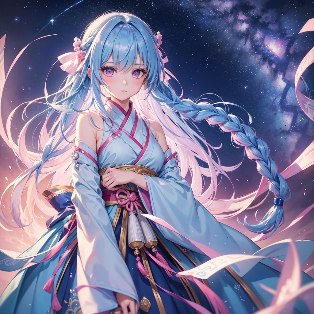 Sky blue hair,braid,(Pink Eyes),Fair skin ,(whole body),(One girl),Hanfu,Tanabata,(The beautiful, sparkling Milky Way in the night sky),Lonely Eyes,,(masterpiece, Highest quality, Very detailed, Best Shadow), (Detailed Background), (Beautifully detailed face), High Contrast, (Best lighting, Very delicate and beautiful), ((Cinematic Light)), colorful, Hyper Detail, Dramatic Light, Intricate details,