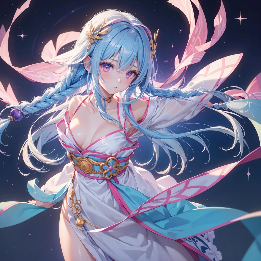 Sky blue hair,braid,(Pink Eyes),Fair skin ,(whole body),(One girl),Hanfu,Tanabata,(The beautiful, sparkling Milky Way in the night sky),Lonely Eyes,,(masterpiece, Highest quality, Very detailed, Best Shadow), (Detailed Background), (Beautifully detailed face), High Contrast, (Best lighting, Very delicate and beautiful), ((Cinematic Light)), colorful, Hyper Detail, Dramatic Light, Intricate details,