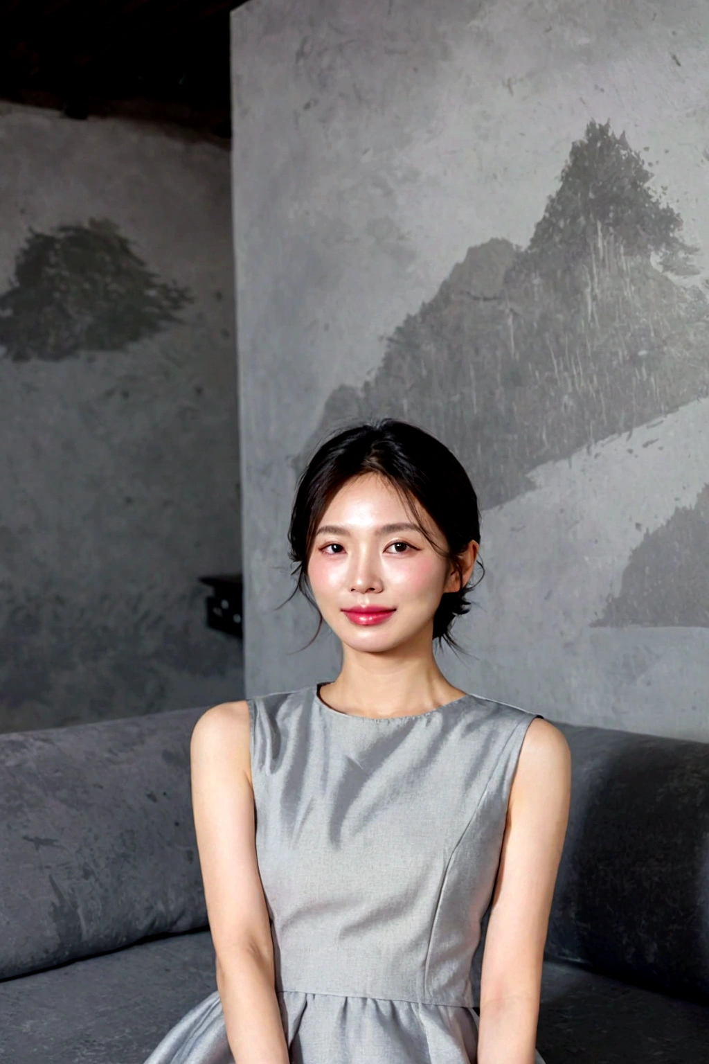 Beautiful Korean Woman , 32 inch chest size, Your eyes are big and pretty. sitting on the sofa in the living room of a luxury apartment. short medium hair, Smile, uhd
