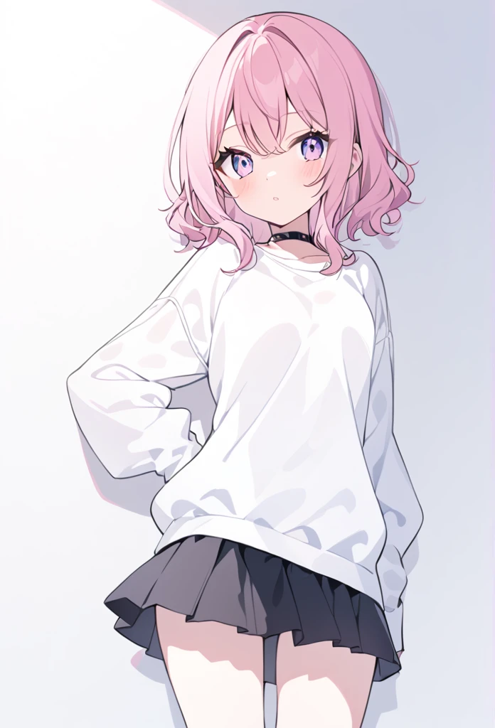 Girl, pink hair, white top and black skirt