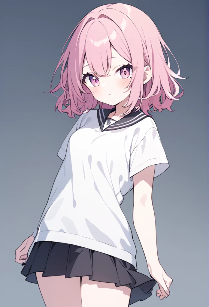 Girl, pink hair, white top and black skirt