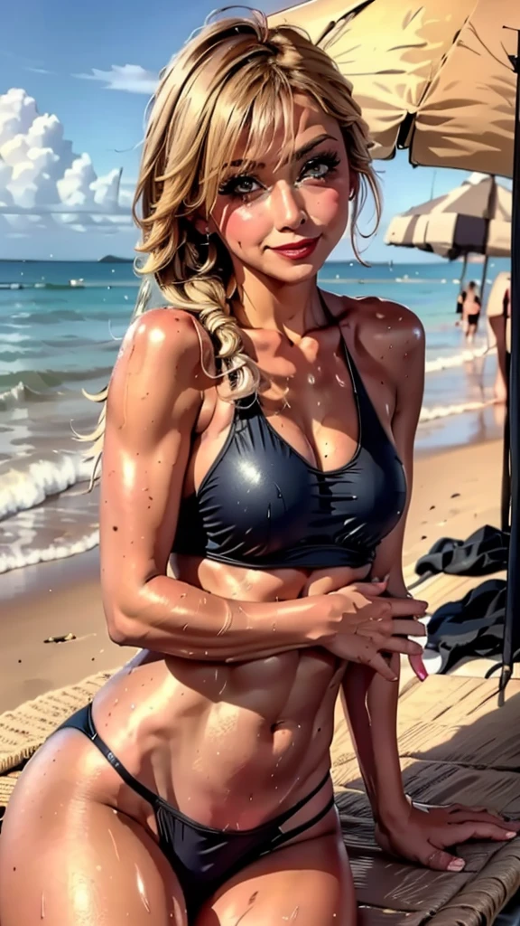 Accentuate your body lines, clavicle):A super clingy navy blue school swimsuit Blushed ((Date on the beach at night)) Portraiture Looking into the camera ((dressing)) 蒸し暑くてSweaty光沢のある顔 Sweaty Sweaty, Blushed Frontal eye contact Kissing Face Sitting with legs apart Cute Smile Portraiture masterpiece Big brown eyes Drawn from below (Soaking wet woman) (sunset) Ecstasy Facial Expressions ((Sunburned, Tan Skin)) ((Mature Woman)) (Ultra-shine pink lipstick for fuller lips