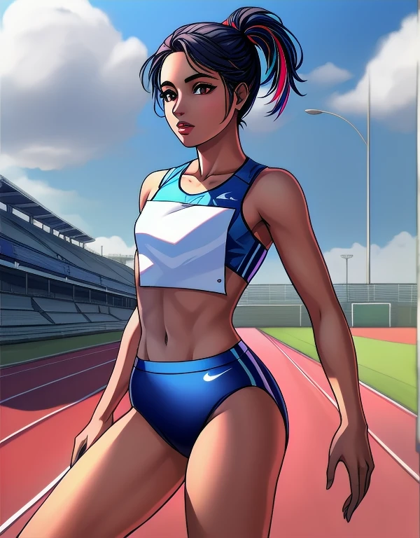 Masterpiece,best quality,high quality,ultra-realistic, Extremely detailed,vibrant colors, 1female, (Solo:1.2), beautiful 20-year-old Indian college girl, dressed in a dark blue track uniform, outside on track field, ((slim, petite)),
