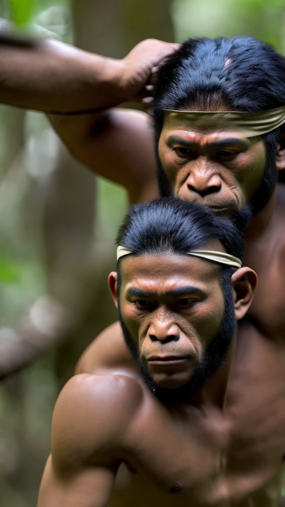 A scene of Barda Mandrawata, blindfolded, training in a secluded forest. He has wavy black hair tied halfway and a determined expression, with dark brown eyes now hidden behind the blindfold. His tan skin and small scar on his left cheek are visible. He is practicing martial arts moves with intense focus, surrounded by trees and rocks. His monkey companion, Kliwon, is nearby, watching attentively. The atmosphere is calm yet filled with the spirit of determination.