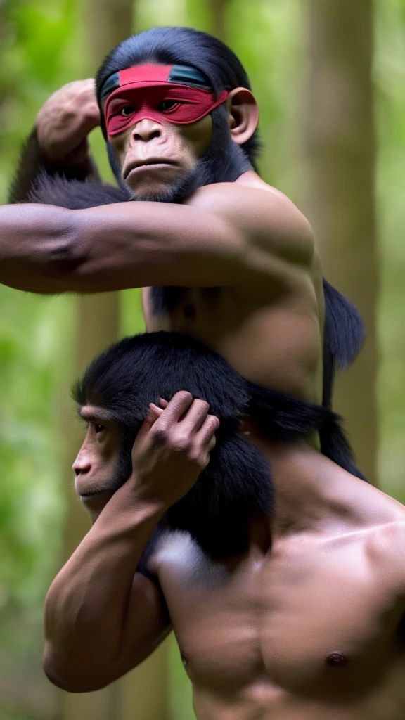 beautiful naked crying woman having sex with a smiling chimpanzee in the jungle, cum, ((gorilla)), ((sex))