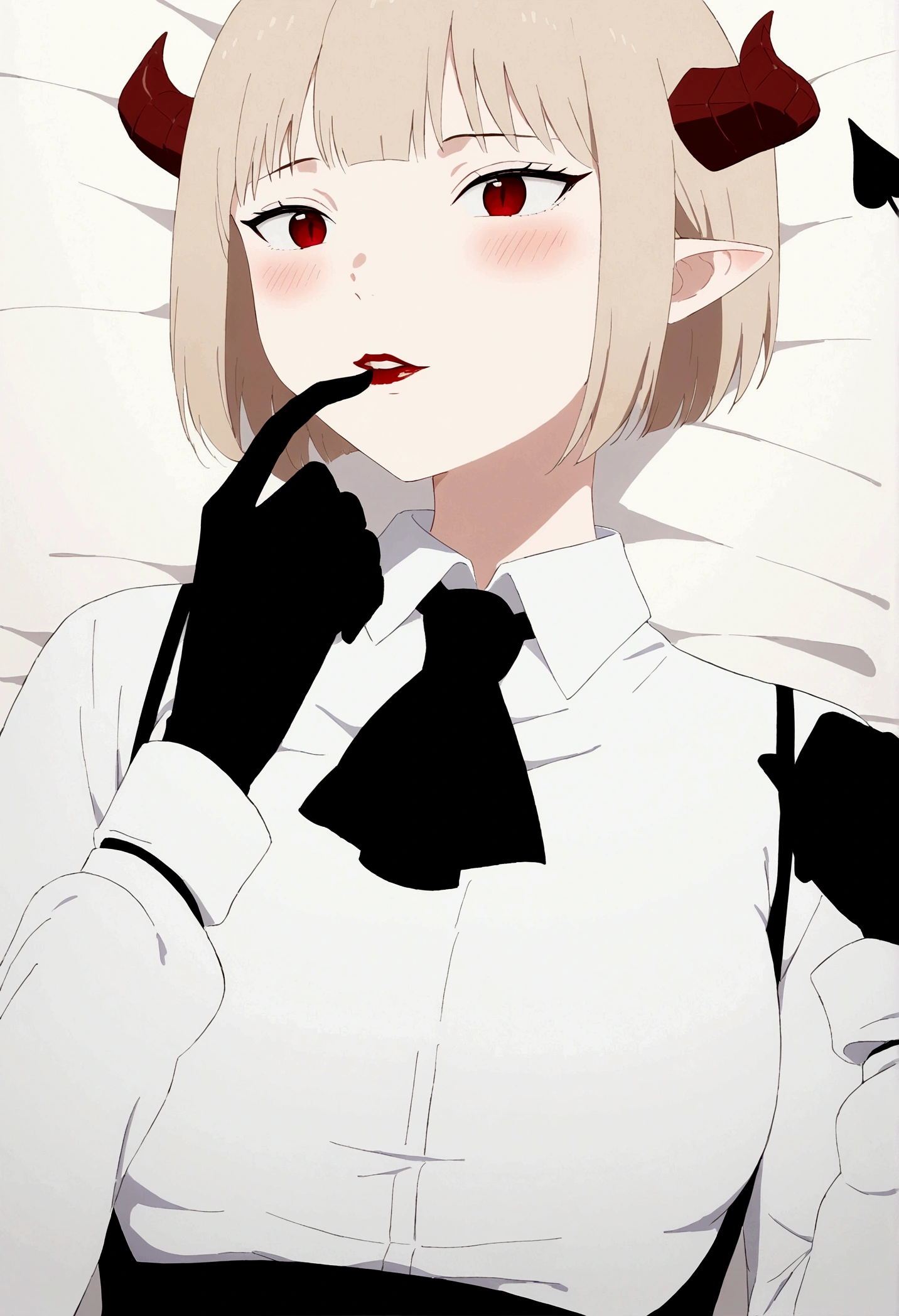 work of art, best qualityer, high resolution, 1girl horns short hair demon tail, white shirt black ascot black gloves black pants black vest lying on your back, sheet, ,blushed,face red,finger her mouth,finger our lips
