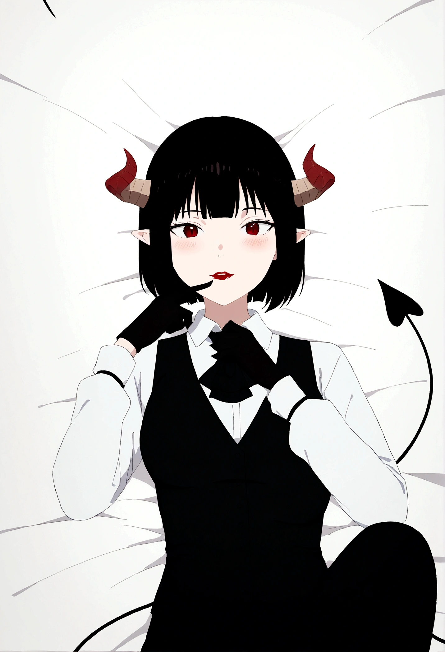 work of art, best qualityer, high resolution, 1girl horns short hair demon tail, white shirt black ascot black gloves black pants black vest lying on your back, sheet, ,blushed,face red,finger her mouth,finger our lips