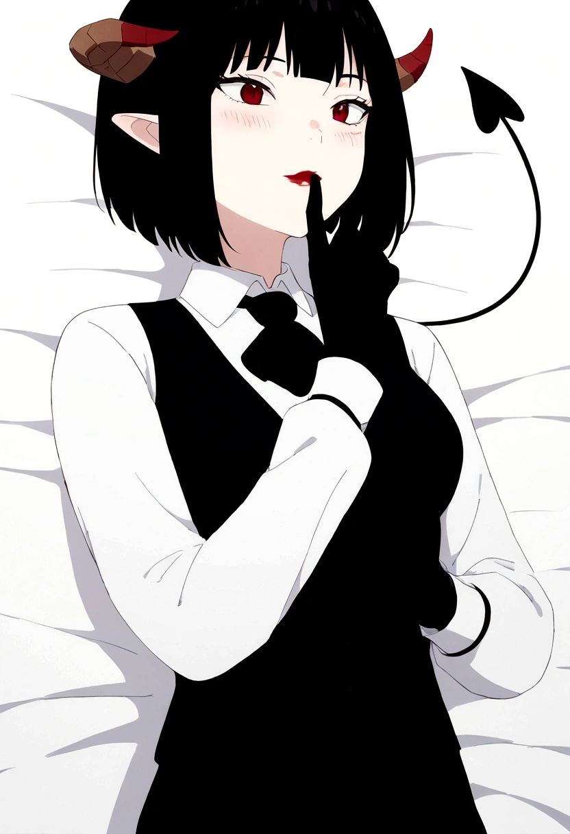 work of art, best qualityer, high resolution, 1girl horns short hair demon tail, white shirt black ascot black gloves black pants black vest lying on your back, sheet, ,blushed,face red,finger her mouth,finger our lips
