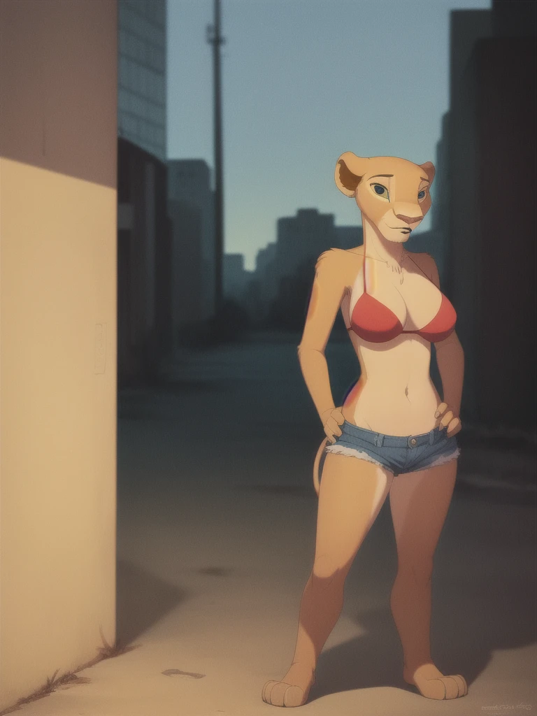 Nala, furry female anthro, lion girl, portrait, full body, three-quarter view, solo, (body fur:1.2), (best quality), (detailed urban background:1.2), dramatic lighting, (detailed fluffy fur:1.1), looking at viewer, big breasts, red bikini top, jean shorts, bedroom eyes, hands on hips