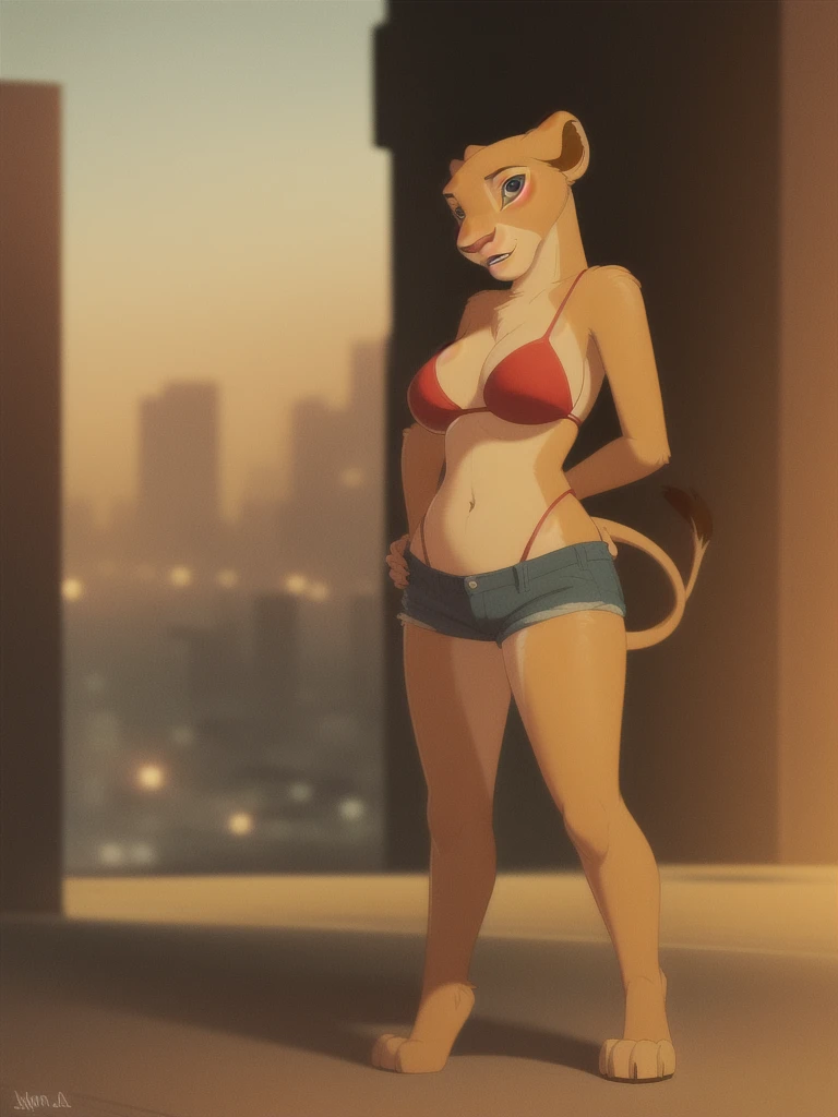 nala, furry female anthro, lion girl, portrait, fur trim, solo, (body fur:1.2), (best quality), (detailed urban background:1.2), dramatic lighting, (detailed fluffy fur:1.1), looking at viewer, big breasts, hand on hip, red bikini top, jean shorts, green eyes, full body, at the beach
