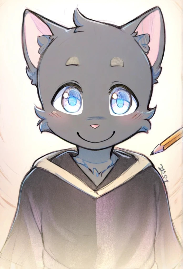 Cover,high resolution,Top quality,best quality,Paid rewards available,juvenile,middle Ages,Cats,male,Black fur,Blue Eyes,tilt head slightly,Smile,Handsome,cute,Soft natural light,individual,Black robe,Demon robe,Pencil drawing style