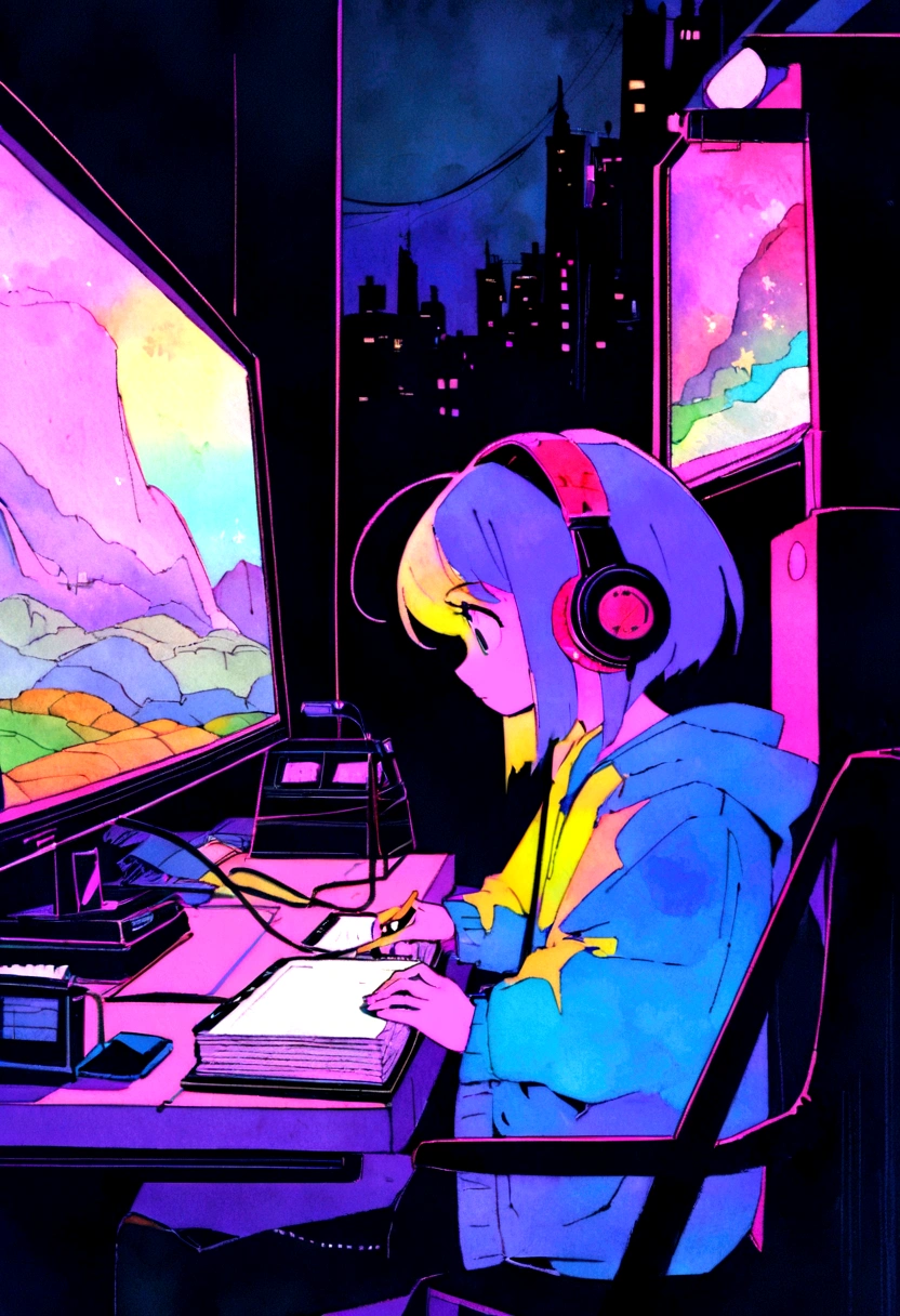 (zero), Girl studying in her room, reading a book, Wear headphones, , night lights, Neon landscape on a rainy day,Analog Color Theme, Lo-Fi Hip Hop , retrospective, flat, 2.5D ,Draw a line, Ink Drawing, Large slope, Watercolor painting, Goosch Colors, Studio Ghibli Style, Awesome colorful, Outer Ton, Synthwave, lofi art,90s style,Old texture, amplitude,90s vibe, masutepiece, Tremendous technology, 16:9 scale