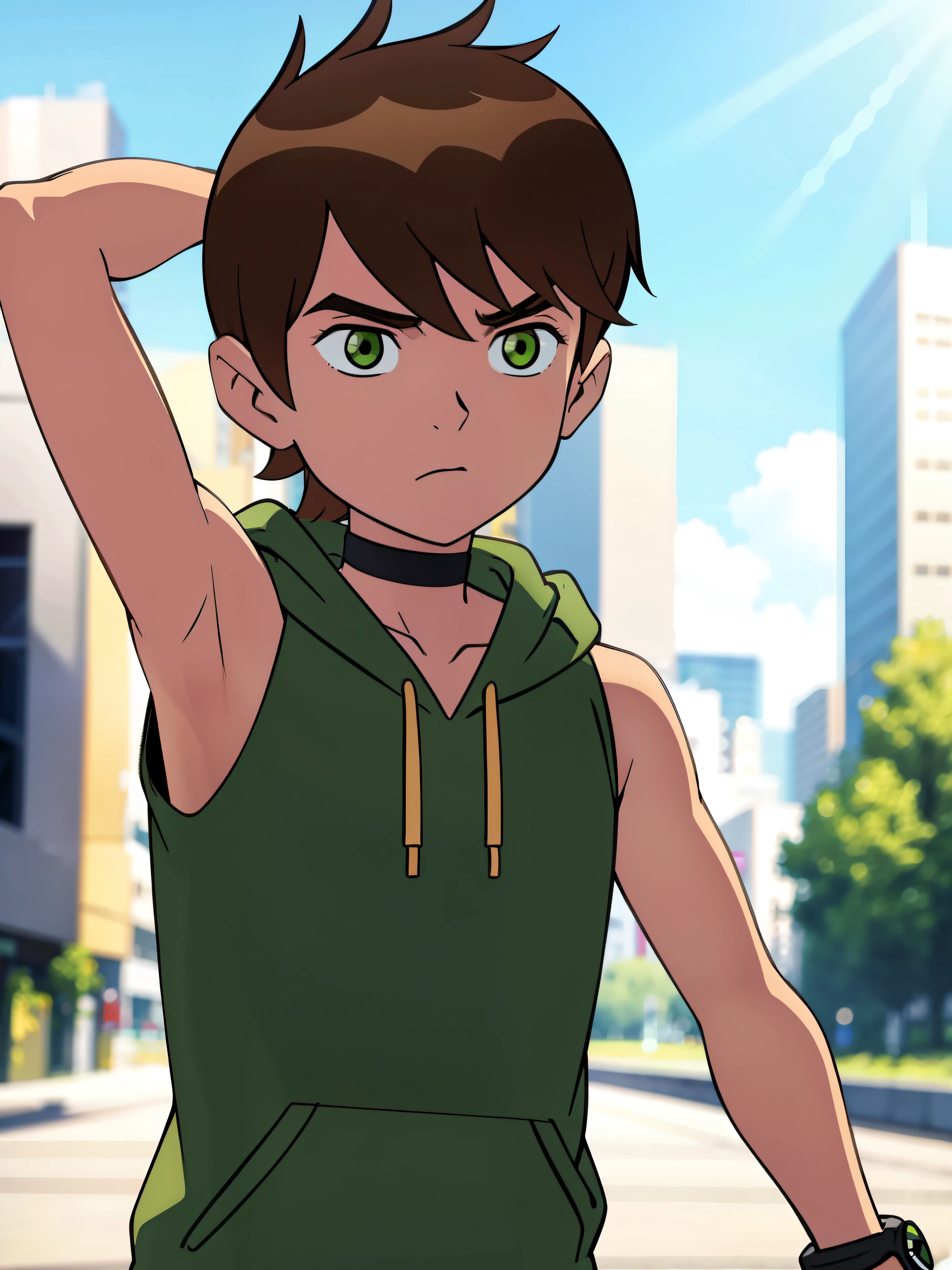 Highres, Masterpiece, Best quality at best,Best Quality,hight quality, hight detailed, boy, 1boy, shota, Bentennyson, Green eye, Brown hair, short body, Sleeveless hoodie, Coolarbone, upper body, Choker, Seen from the front, (Armpit), uhd, Blue sky, summer, Blurry beckground