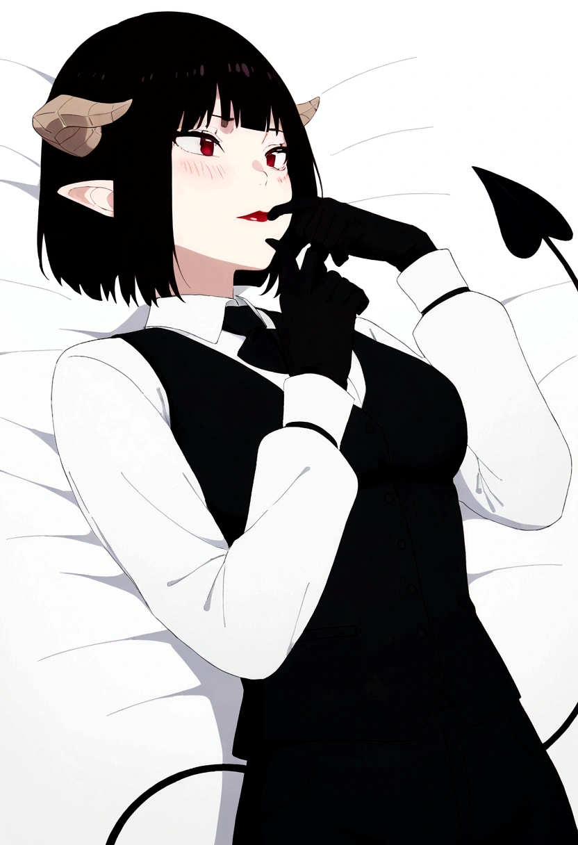 brunette skin,work of art, best qualityer, high resolution, 1girl horns short hair demon tail, white shirt black ascot black gloves black pants black vest lying on your back, sheet, ,blushed,face red,finger her mouth,finger our lips