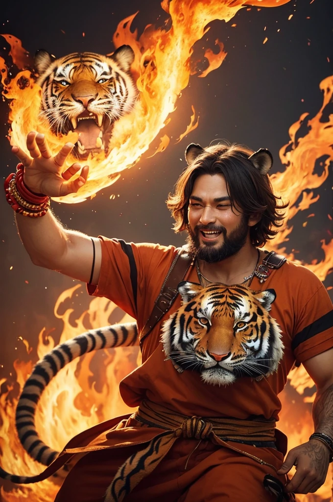 A large fire with a man with a tiger head and colorful bracelets on his wrists dancing happily