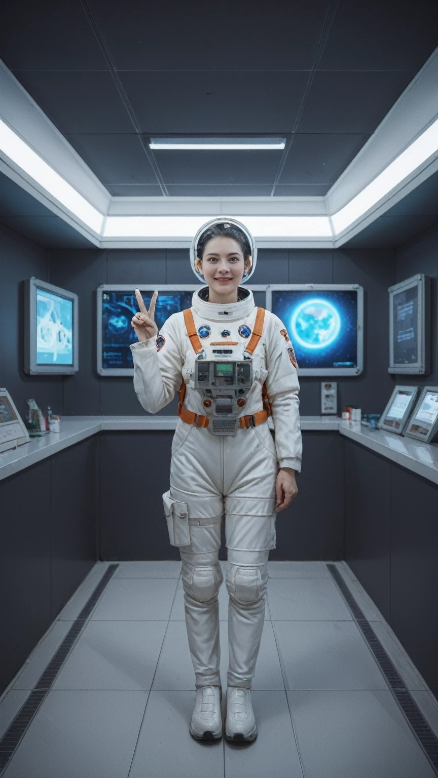 realistic,score_9, score_8_up, score_7_up,
1girl, solo, film analog photography, biometric monitoring spacesuit, health-focused armor, biometric sensors, real-time vital sign tracking, medical data, EVA mobility spacesuit, EVA gear, spacewalks, joint mobility enhancement, tool attachment points, space-related tasks, Give a V victory sign,