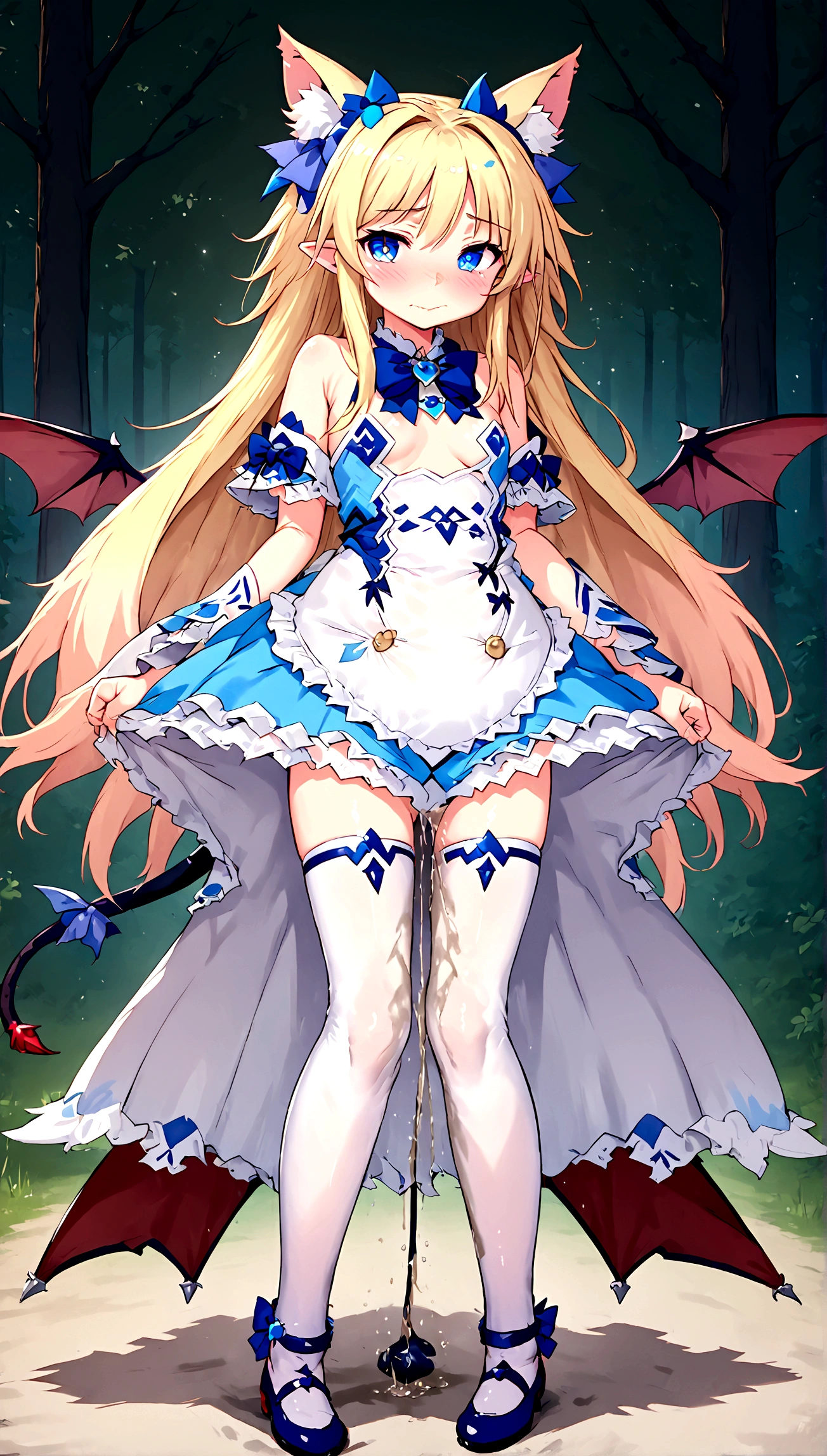 Anime. Monster Girl Encyclopedia. Alice.1 Girl. Lovely girl. . . Baby. Succubus Clumsy. Blonde. Long hair. Blue eyes. Beautiful eyes. Perfect eyes. Expressive eyes. Ideal face. ************. Small breasts. Flat chest. Pointy ears. Ideal anatomical body. Succubus horns. Wings of a succubus. Succubus tail with a heart tip. Cold. Runny nose. Snot flows from the nose. Blue and white children's dress from Alice in Wonderland. bows on the horns. White stockings. Shoes. Standing. Standing at full height. Standing in the forest. Standing in the middle of the forest. Beautiful character design. Shiny skin. Full body. nsfw. Scat. Official art. Extremely detailed CG Unity 8k wallpaper. Ideal lighting. Ultra high resolution 4K. Super detailed 8K. A high resolution.