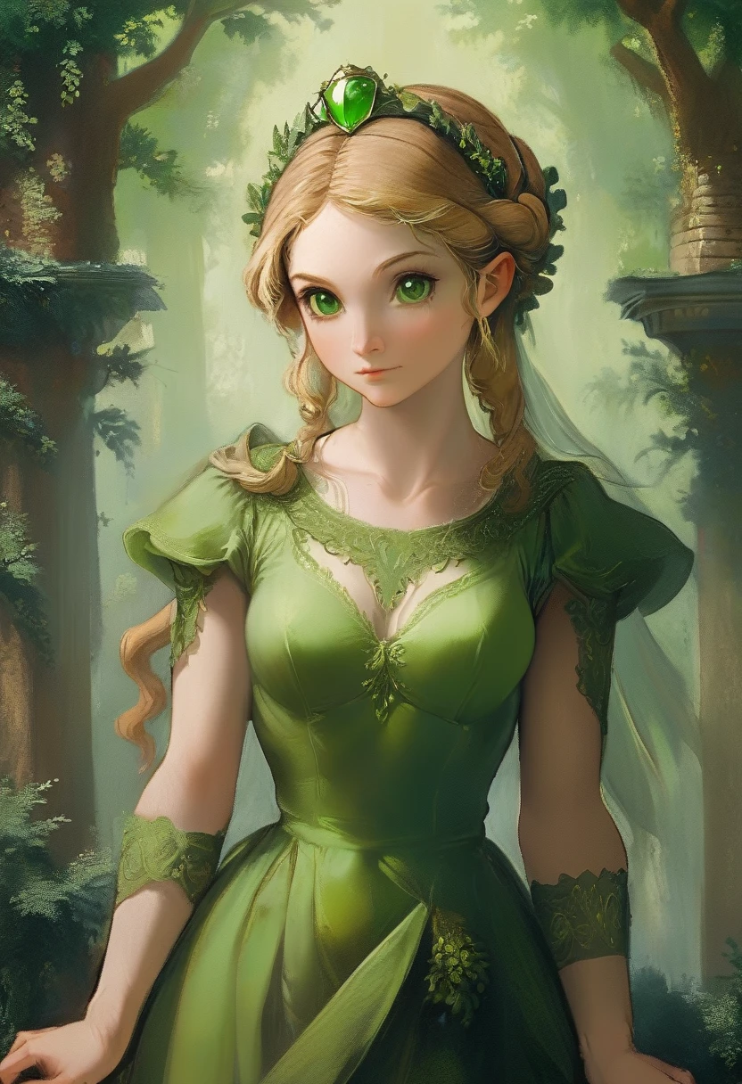 a masterful best quality, award winning masterpiece, portrait done by Michelangelo of Princess Zelda, ((anatomically correct: 1.5)), wearing intricate glamour green elven dress, elven forest background background, Ultra-high resolution, High Contrast, (masterpiece:1.5), highest quality, Best aesthetics), best details, best quality, highres, 16k, [ultra detailed], masterpiece, best quality, (extremely detailed), chumbasket art style, style of Michelangelo Buonarroti, evening dress