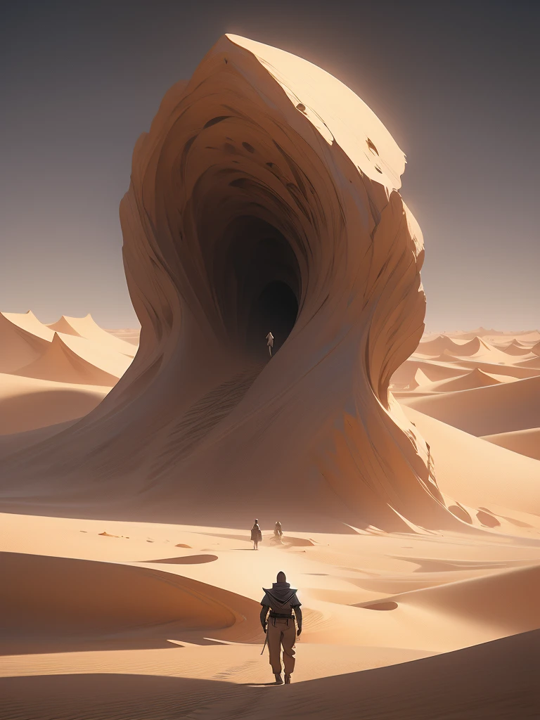 a man walking in the desert at night, in a serene vast desert, somewhere in sands of the desert, in the movie dune, in dune, by Michal Karcz, walking in the desert, 'lone dark figure'!!, desert!!!!!!!!!!!, beautiful and mysterious, wandering the desert landscape, stunning cinematography, stunning moody cinematography