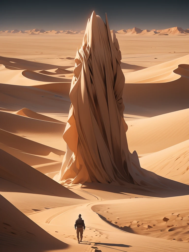 a man walking in the desert at night, in a serene vast desert, somewhere in sands of the desert, in the movie dune, in dune, by Michal Karcz, walking in the desert, 'lone dark figure'!!, desert!!!!!!!!!!!, beautiful and mysterious, wandering the desert landscape, stunning cinematography, stunning moody cinematography