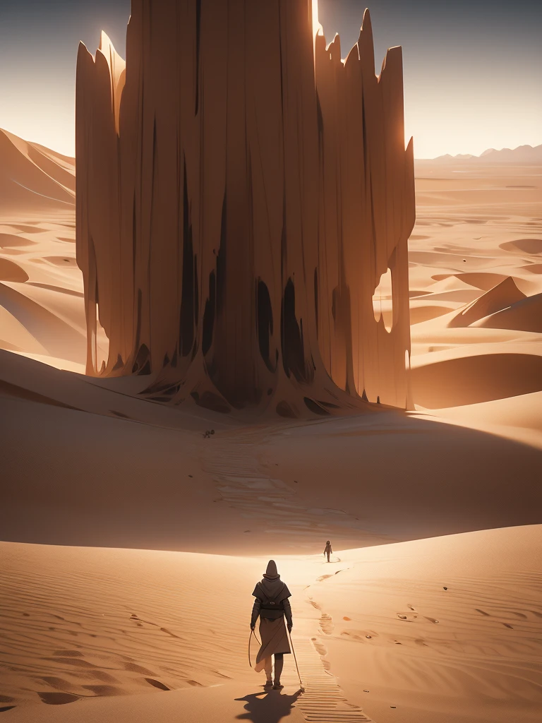 a man walking in the desert at night, in a serene vast desert, somewhere in sands of the desert, in the movie dune, in dune, by Michal Karcz, walking in the desert, 'lone dark figure'!!, desert!!!!!!!!!!!, beautiful and mysterious, wandering the desert landscape, stunning cinematography, stunning moody cinematography