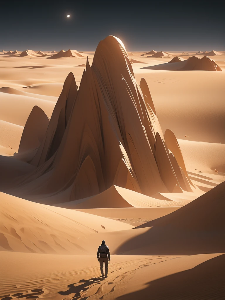 a man walking in the desert at night, a matte painting by Michal Karcz, tumblr, conceptual art, in a serene vast desert, somewhere in sands of the desert, in the movie dune, in dune, walking in the desert, 'lone dark figure'!!, desert!!!!!!!!!!!, beautiful and mysterious, wandering the desert landscape, stunning cinematography