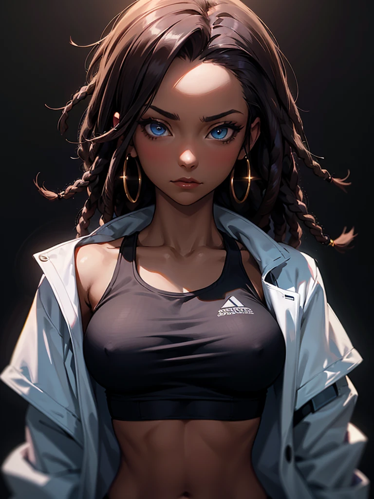 ((Portrait Photo)), She has an Athletic and Slender Appearance, with a Strong Build, Dark Skin and Relaxed Aura. She Expresses a Calm and Indifferent Look, Giving Off a Composed and Unfazed Attitude. She has Deep Blue Eyes, and Her Hair is Long and Black, with Dreadlocks Falling Over Her Forehead. She Wears an Open White Jacket, with a Sports Tank Top, Revealing Her Midriff. ((Portrait Photo, HDR, Dark Background))