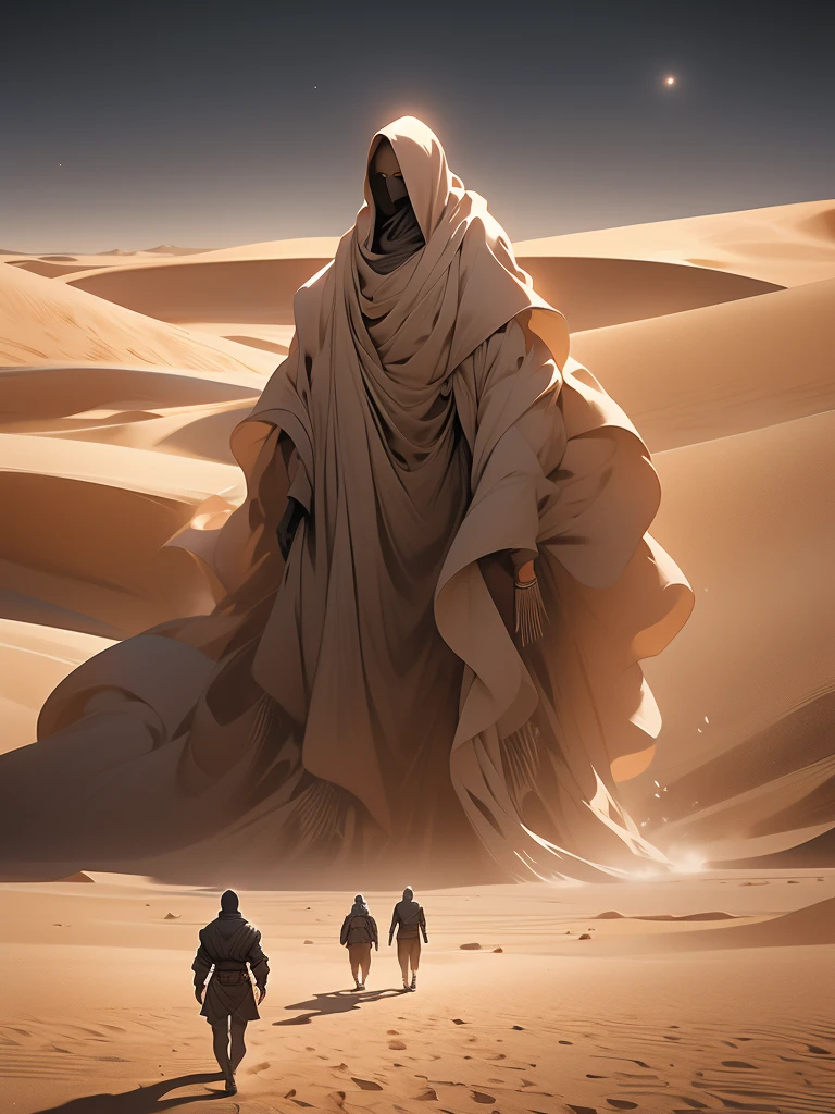 a man walking in the desert at night, a matte painting by Michal Karcz, tumblr, conceptual art, in a serene vast desert, somewhere in sands of the desert, in the movie dune, in dune, walking in the desert, 'lone dark figure'!!, desert!!!!!!!!!!!, beautiful and mysterious, wandering the desert landscape, stunning cinematography
