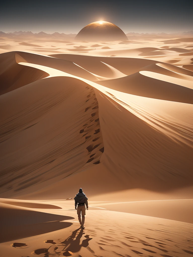 a man walking in the desert at night, in a serene vast desert, somewhere in sands of the desert, in the movie dune, in dune, by Michal Karcz, walking in the desert, 'lone dark figure'!!, desert!!!!!!!!!!!, beautiful and mysterious, wandering the desert landscape, stunning cinematography, stunning moody cinematography