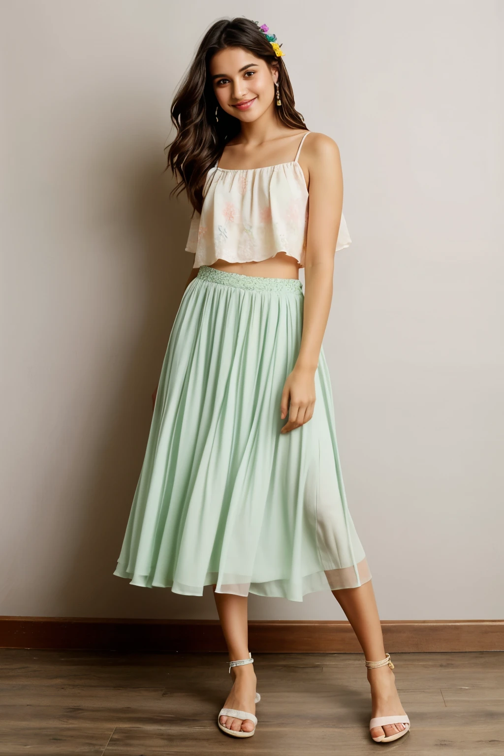 clothing for dancers:
Upper part: A sleeveless cotton blouse in pastel tones, how heavenly the light green, with small flower embroidery on the neck.
Skirt: A long, light chiffon skirt, in a single pastel color, with a ribbon at the waist to adjust it. The skirt has a top layer with small lace edges.
accessories:
touched: A simple wreath of natural flowers, like margaritas or lavender.
bangles: Thin colorful thread bracelets, which can be of different shades and with small wooden charms.
Footwear: barefoot, with colorful bead anklets that make a soft sound when moving.
Add-ons:
veil: A short veil of tul, Simple, which is placed on the shoulders and adjusted with a small ribbon.
fan: A small hand-painted paper fan with soft colors