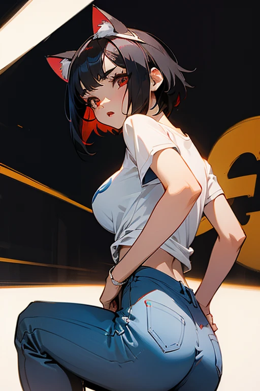 pop style,artistic,Cat headband,ass pov,dynamic angle, masterpiece,best quality, dsuper fine illustration, super detailed, dynamic angle,8K,detailed background,in live stage, BREAK a female is singing  . She is wearing a white T-shirt with a graffiti art-style cat illustration.Black Hair,Short Hair,red eyes,black hair,(lora:0.5)