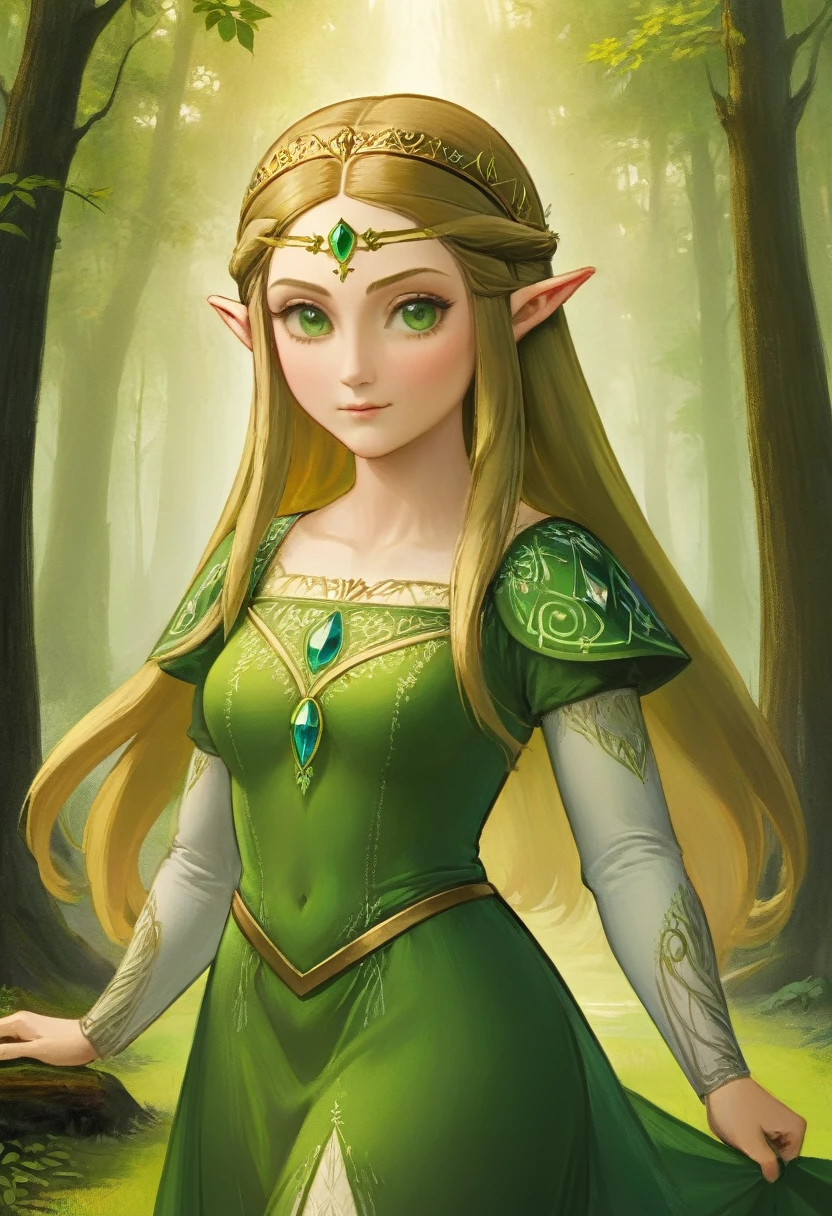 a masterful best quality, award winning masterpiece, portrait done by Leonardo De Vinci of Princess Zelda, ((anatomically correct: 1.5)), wearing intricate glamour green and white elven dress, elven forest background background, Ultra-high resolution, High Contrast, (masterpiece:1.5), highest quality, Best aesthetics), best details, best quality, highres, 16k, [ultra detailed], masterpiece, best quality, (extremely detailed), chumbasket art style, dvnc, evening dress