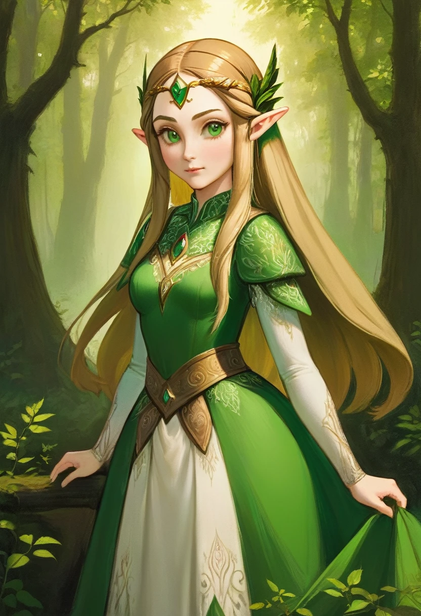 a masterful best quality, award winning masterpiece, portrait done by Leonardo De Vinci of Princess Zelda, ((anatomically correct: 1.5)), wearing intricate glamour green and white elven dress, elven forest background background, Ultra-high resolution, High Contrast, (masterpiece:1.5), highest quality, Best aesthetics), best details, best quality, highres, 16k, [ultra detailed], masterpiece, best quality, (extremely detailed), chumbasket art style, dvnc, evening dress