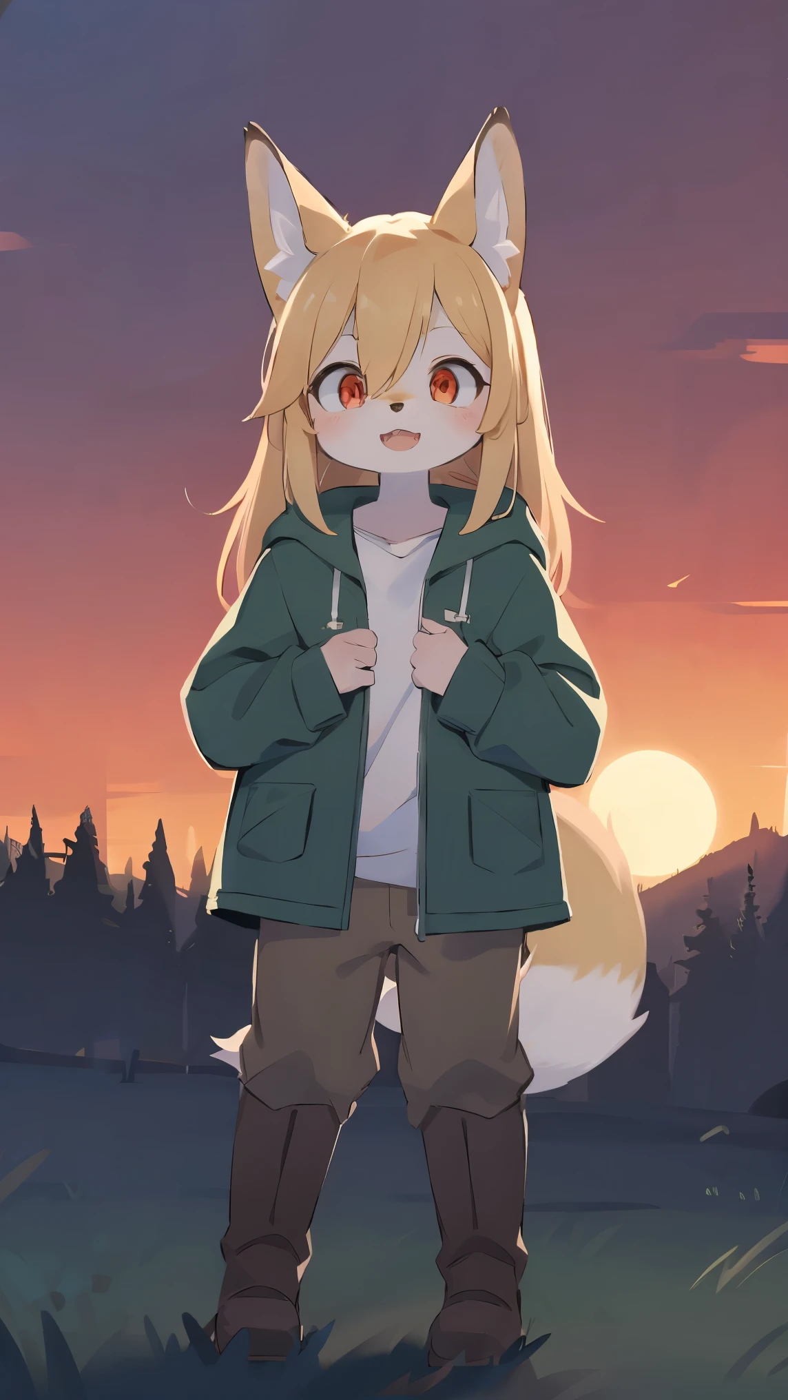 Fox Shota, , Thin legs,It was hairy, Hairy, Fur, smooth eyelashes, Golden fur, Forelimb Hand, long blonde hair straight, Round eyes, Golden ears, Golden fur, golden face fur, Shiny Hair, Red eyes, Very cute face, 1 fox tail, Fluffy tail, Hairy尻尾, Glowing Eyes, Green coat Green hooded down jacket, Brown trousers, Knee-high boots,Stiletto heels,Are standing, Open your mouth, Zhou Haoguang, Very fine fur, Broken Eye, whole body, masterpiece, high quality, high detail, 最high quality, wide short, (((alone))), Twilight, Light of the sun, Red Sky, Rim Light
