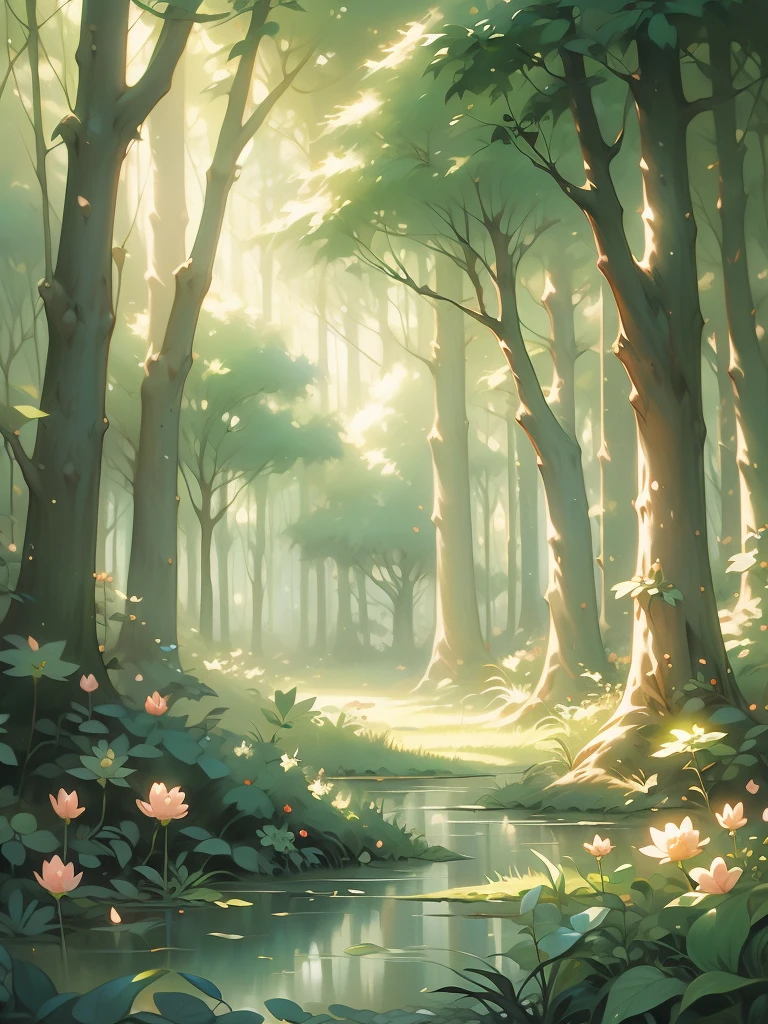 a painting of a forest with flowers and trees, enchanted magical fantasy forest, magic fairy forest, magical fantasy forest, enchanted and magic forest, in a magical forest, fairytale forest, magical forest, very magical and dreamy, fairy forest, magic forest, in the magical forest, fantasy forest, enchanted forest, magical environment, lush fairy forest, magical forest in the background