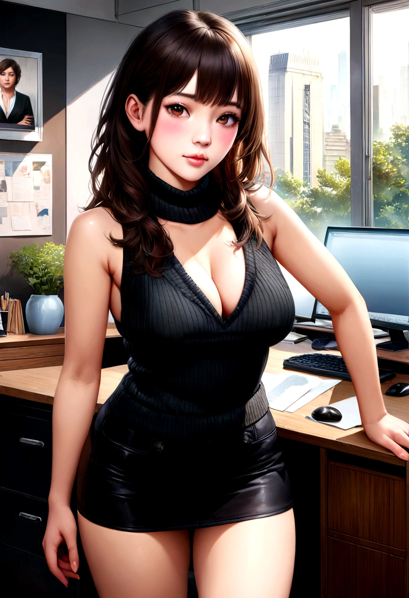 big natural  , tits, nipple , Highly detailed CG unity 8k wallpaper, with the highest quality, Super detailed, ​master piece, Realistic, Photos realistic, extremely detailed cute girl, 25 years old, (Sleeveless sweater) ,   (Blush) , Round eyes, Medium breasts, looking viewer, Cowboy shot ,  cleavage , Mini skirt, Office ,