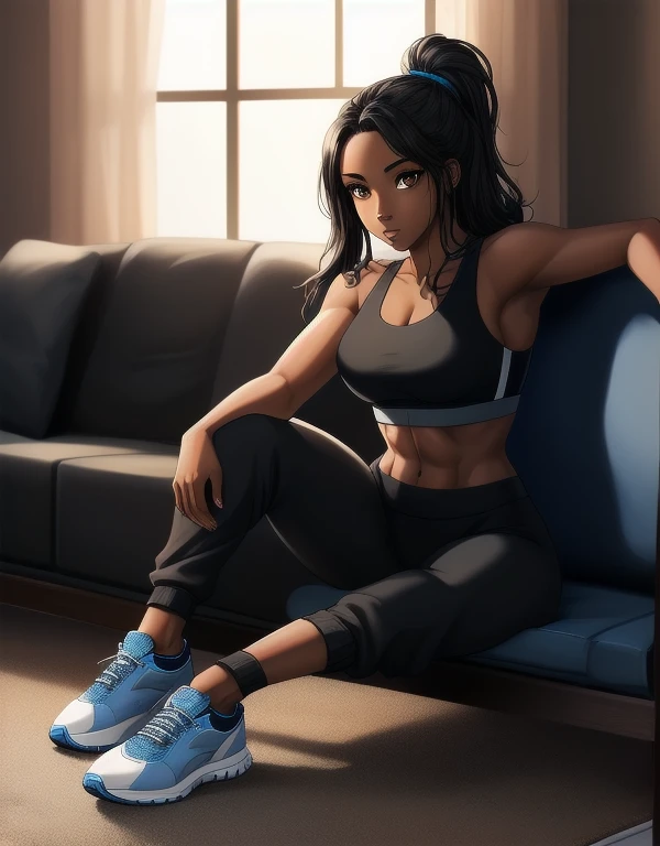 ((Masterpiece)), ((Best Quality)), (Detailed face:1.2), (Detailed eyes:1.2), (Detailed pupils:1.2), Ultra High Resolution, HDR, absurderes, 8K, intricate details, ultra-detailed, dramatic lighting, (solo, 1 girl:1.02), girl, Teenage femadark skin, (dark-skinned female:1.5), long black hair, (brown eyes:1.2), (Wearing: blue sports bra, blue yoga pants, grey jogging shoes:1.2), (Athletic figure:1.2), gorgeous girl, gorgeous body, sitting on couch, living room background, full body portrait,