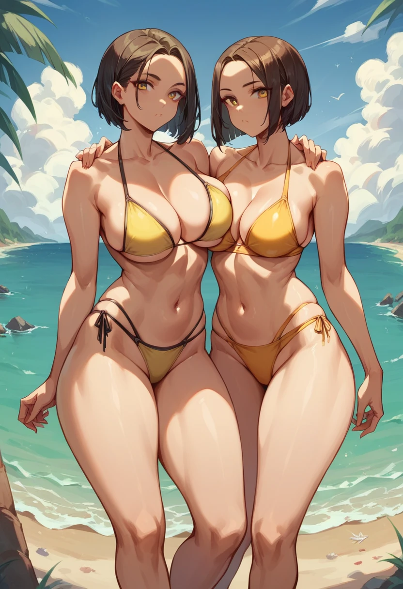 ( 2 girl,nsfw, glamorous, voluptuous, ) , (bob cut-black-hair-white-bikini,),beach,stand,(forehead-shoulder-length wavy-brown-hair-yellow-swimsuit, )