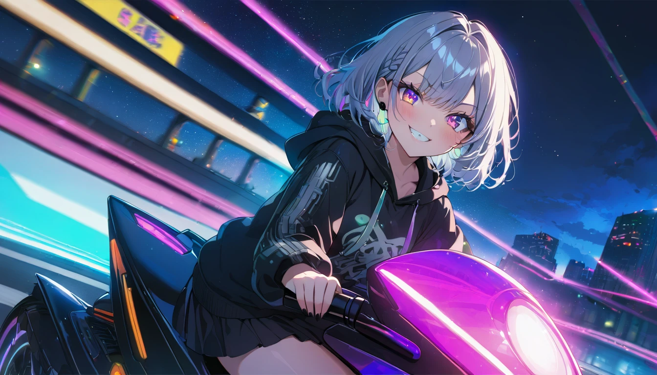 ((Masterpiece)), ((best quality)), (Anime:1.3), (super detail:1.2), (High Definition:1.3), (Professional Photography:1.3), cute young Girl, Glossy unruly hair, (loose swept bangs), (silver ash hair), medium hair, big eyes, (Eye bags:1.3), (Long eyelashes), colorful eyes, (evil smile and blush), Glossy lips, (jagged teeth), farewell, ((black hoodie with oversized)), mini skirt, barearms, cute, (colorful:1.3), gothic makeup, (wearing headphone), (driving a futuristic motorcycle on the highway:1.3), (neon-lit), pretty, Celtic, maniac, (dutch angle:1.3), (starry night),