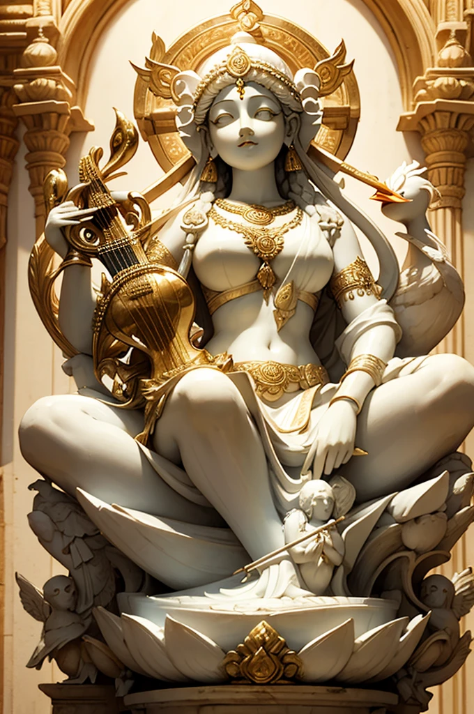 front view of a realistic white marble statue of goddess Saraswati with 4 arms fully covered in a saree and wearing golden ornaments sitting on her swan and holding a veena