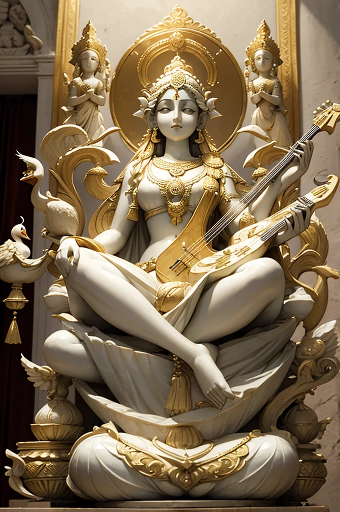 front view of a realistic white marble statue of goddess Saraswati with 4 arms fully covered in a saree and wearing golden ornaments sitting on her swan and holding a veena