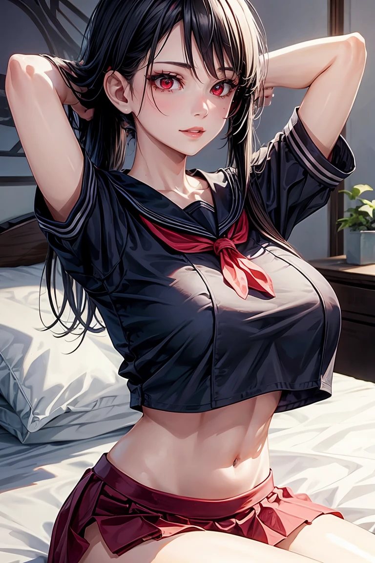 woman, sexy woman, mature female, mommy, black hair, red eyes, detailed eyes, detailed lips, big breasts, midriff peek, short sleeves sailor uniform, sit with crossed legs, bedroom, evil smiling, seductive lips, crop top overhang, adjusting hair, skirt, hunter eyes