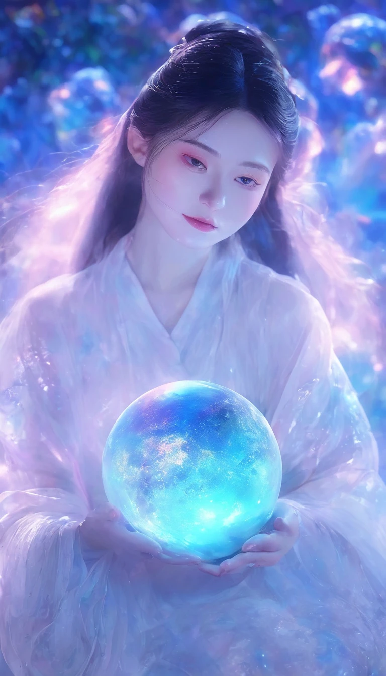 A girl holding a planet in her arms,close up,Glowing fluorescent feeling,Transparency,dream,Monet's color scheme,Texture Matte,high quality,High Definition,Rose red,blue,Neon light,Space Background