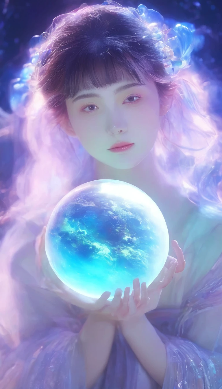 A girl holding a planet in her arms，close up，Glowing fluorescent feeling，Transparency，dream，Monet's color scheme，Texture Matte，high quality，High Definition，Rose red，blue，Neon light，Space Background