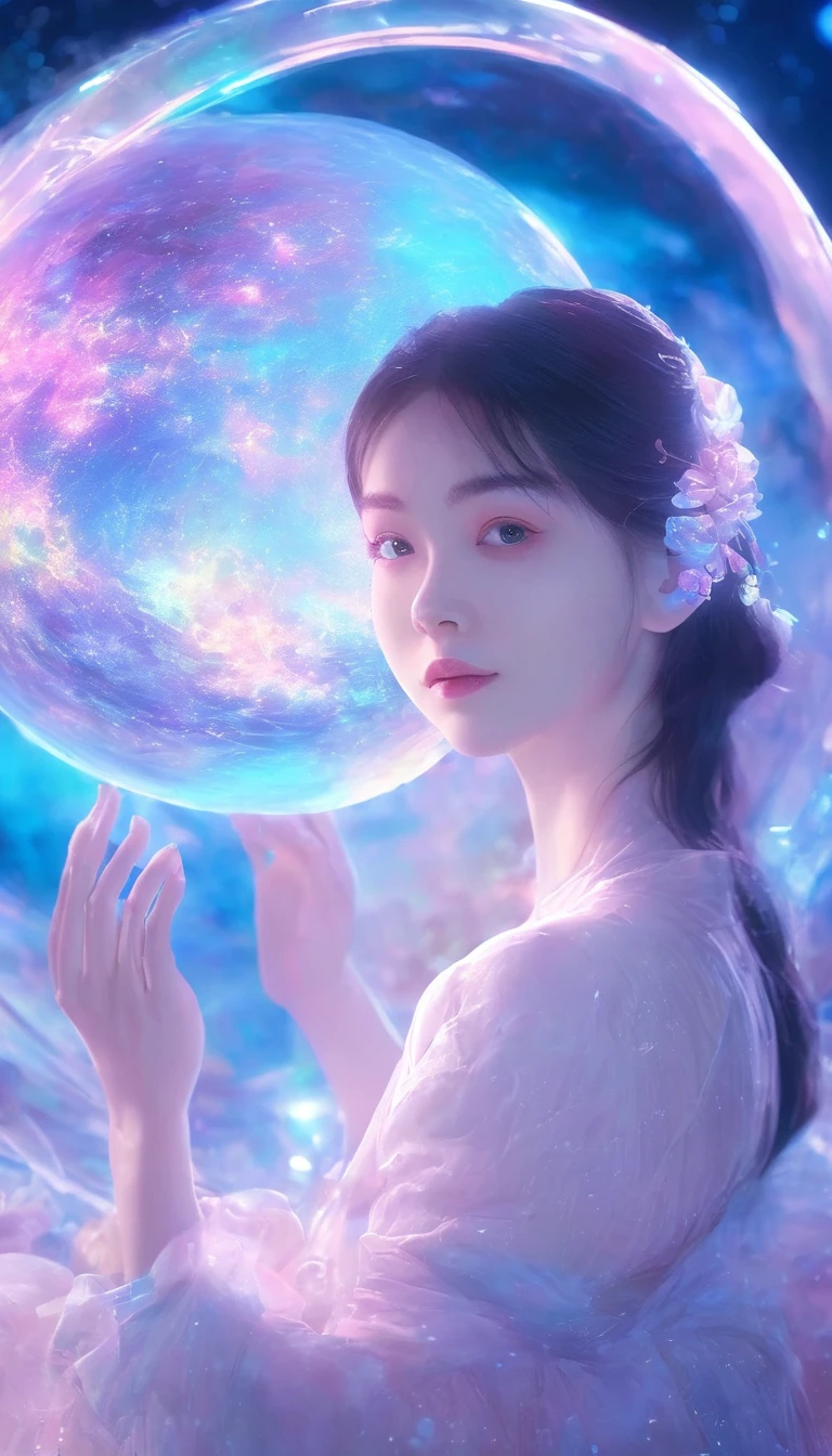 A girl holding a planet in her arms，close up，Glowing fluorescent feeling，Transparency，dream，Monet's color scheme，Texture Matte，high quality，High Definition，Rose red，blue，Neon light，Space Background