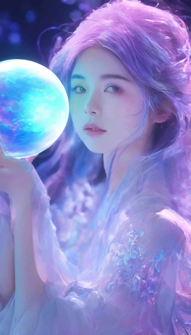 A girl holding a planet in her arms，close up，Glowing fluorescent feeling，Transparency，dream，Monet's color scheme，Texture Matte，high quality，High Definition，Rose red，blue，Neon light，Space Background