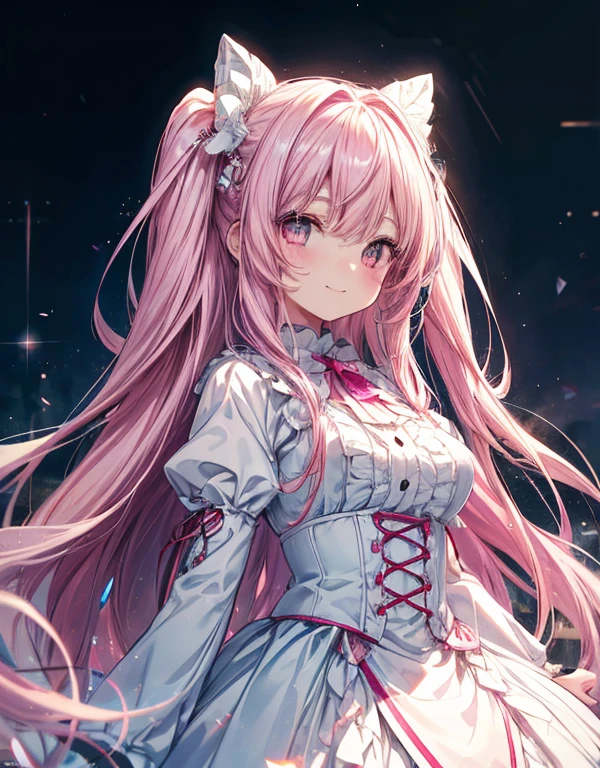 Background white、High resolution、Full HD、High resolution、High chroma、Line art、anime、Retro、antique、girl、Pink Hair、Long Hair、Straight hair、Bright、White eyes、White hearing aid、Lolita Fashion、Eyes sparkling、highlight、smile、cute、whole body、cuts are not visible、Life-size、No background、Background pink