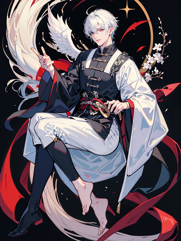 The men wear black and white robes with traditional Chinese designs. , handsome , cool , holding a sword  , black eyes ,  white hair , Dark theme , nighttime , alone , There is a system.