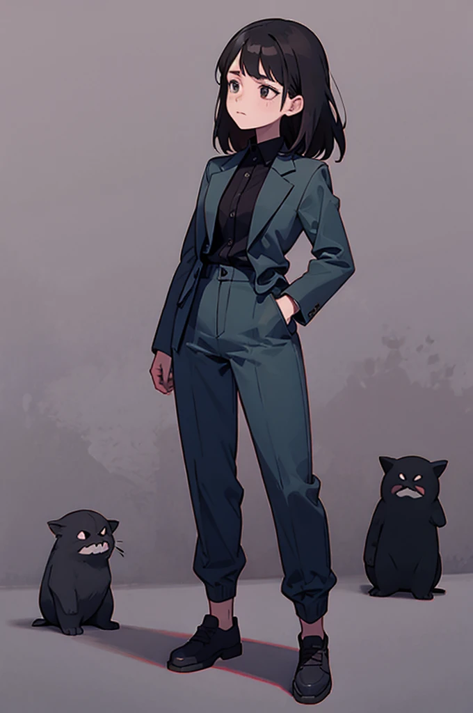 1.Black Hair.30 years old.woman.self-employed.Tired face.Hunchback.whole body.Standing posture.suit.shirt.